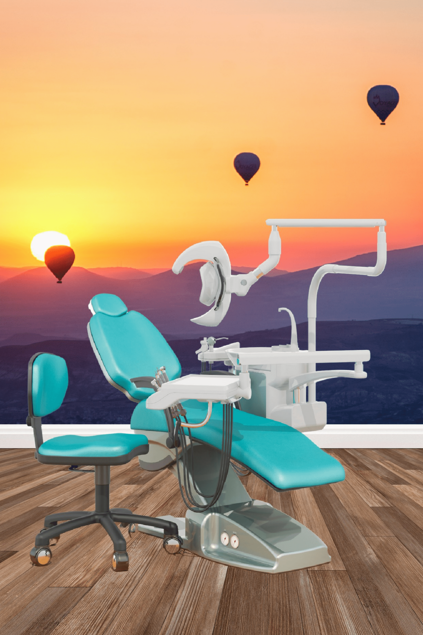 Renovation idea 2 dental chair in front of hot air balloon wallpapered wall