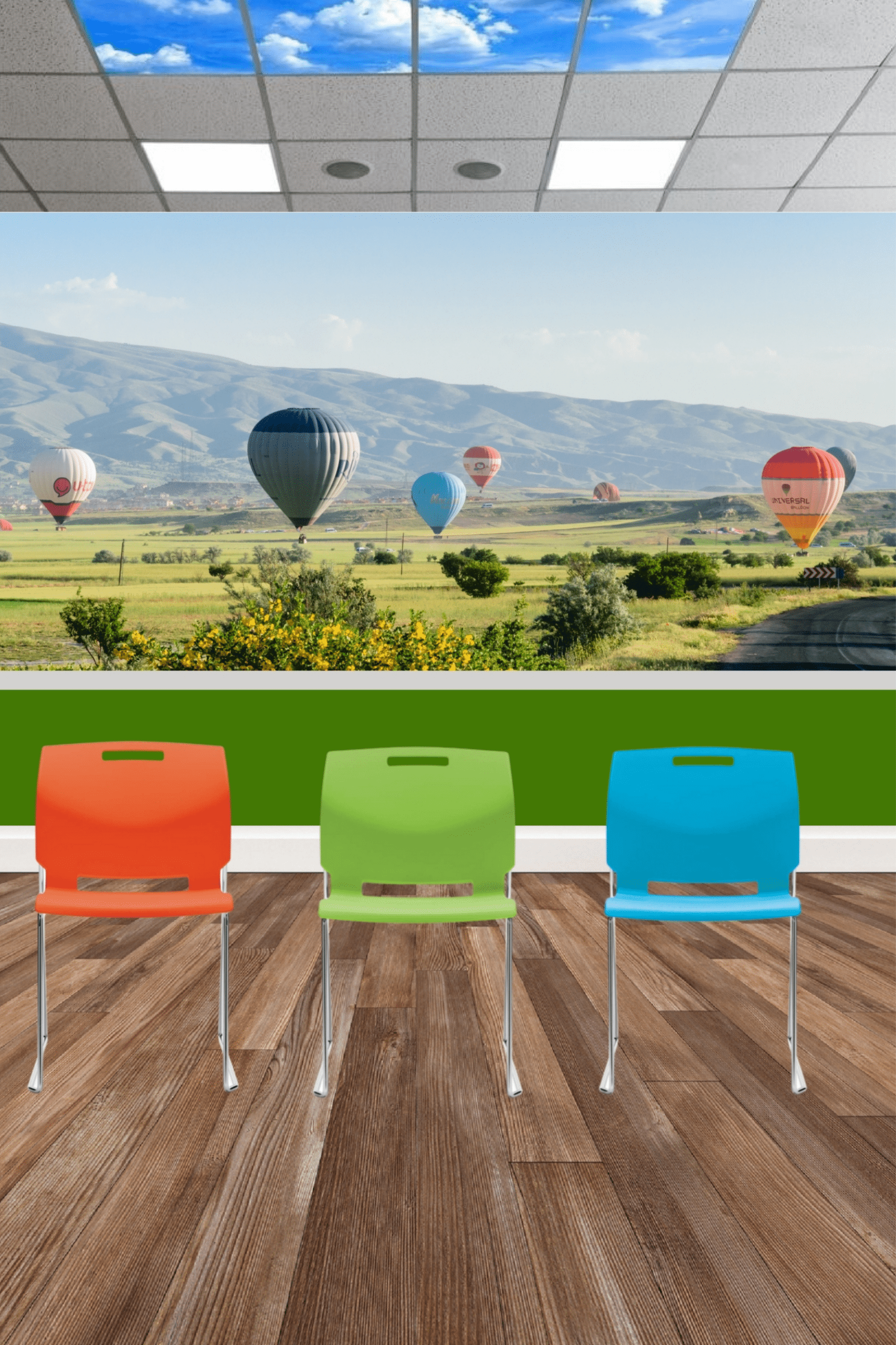 Renovation idea 4, colored chairs against a hot air balloon wallpapered wall